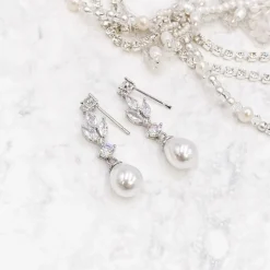 Lace & Favour Bride Gifts | Pearl Jewellery*Abella Cubic Zirconia and Pearl Drop Earrings Ivory/ Silver