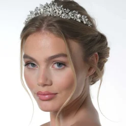 Poirier Pearl Hair Accessories | Silver Hair Accessories*Acacia Silver Crystal Leaves and Freshwater Pearl Tiara Ivory/ Silver