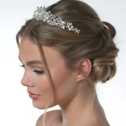 Poirier Pearl Hair Accessories | Silver Hair Accessories*Acacia Silver Crystal Leaves and Freshwater Pearl Tiara Ivory/ Silver
