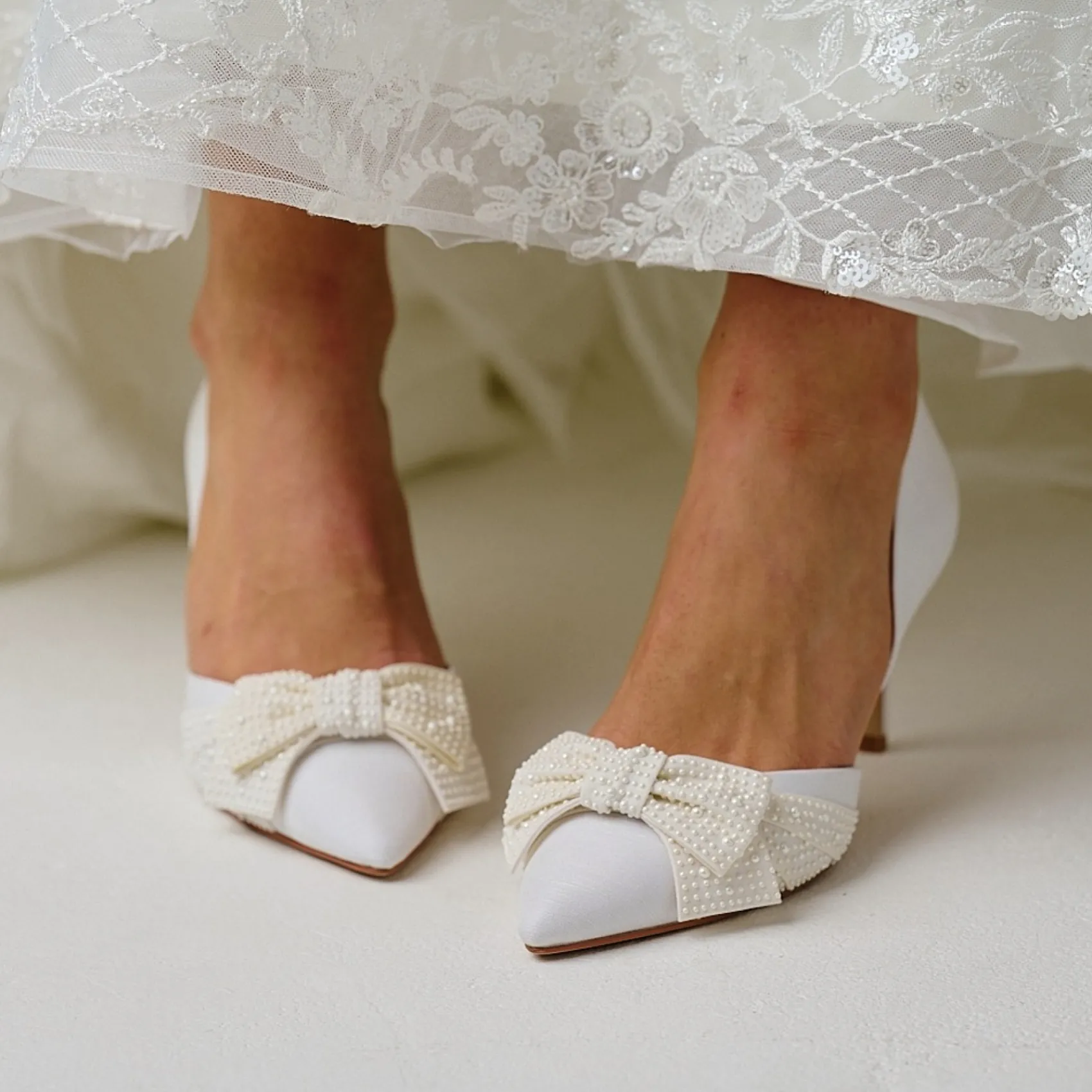 Perfect Bridal Wedding Shoes | Mid Heel*Adele Satin Two Part Pointed Court Shoes with Pearl Bow Ivory