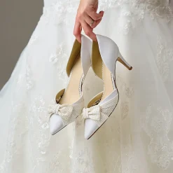 Perfect Bridal Wedding Shoes | Mid Heel*Adele Satin Two Part Pointed Court Shoes with Pearl Bow Ivory