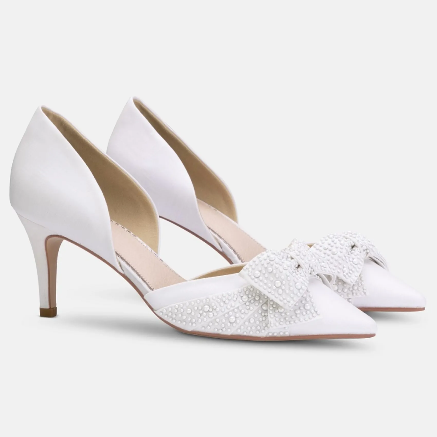 Perfect Bridal Wedding Shoes | Mid Heel*Adele Satin Two Part Pointed Court Shoes with Pearl Bow Ivory