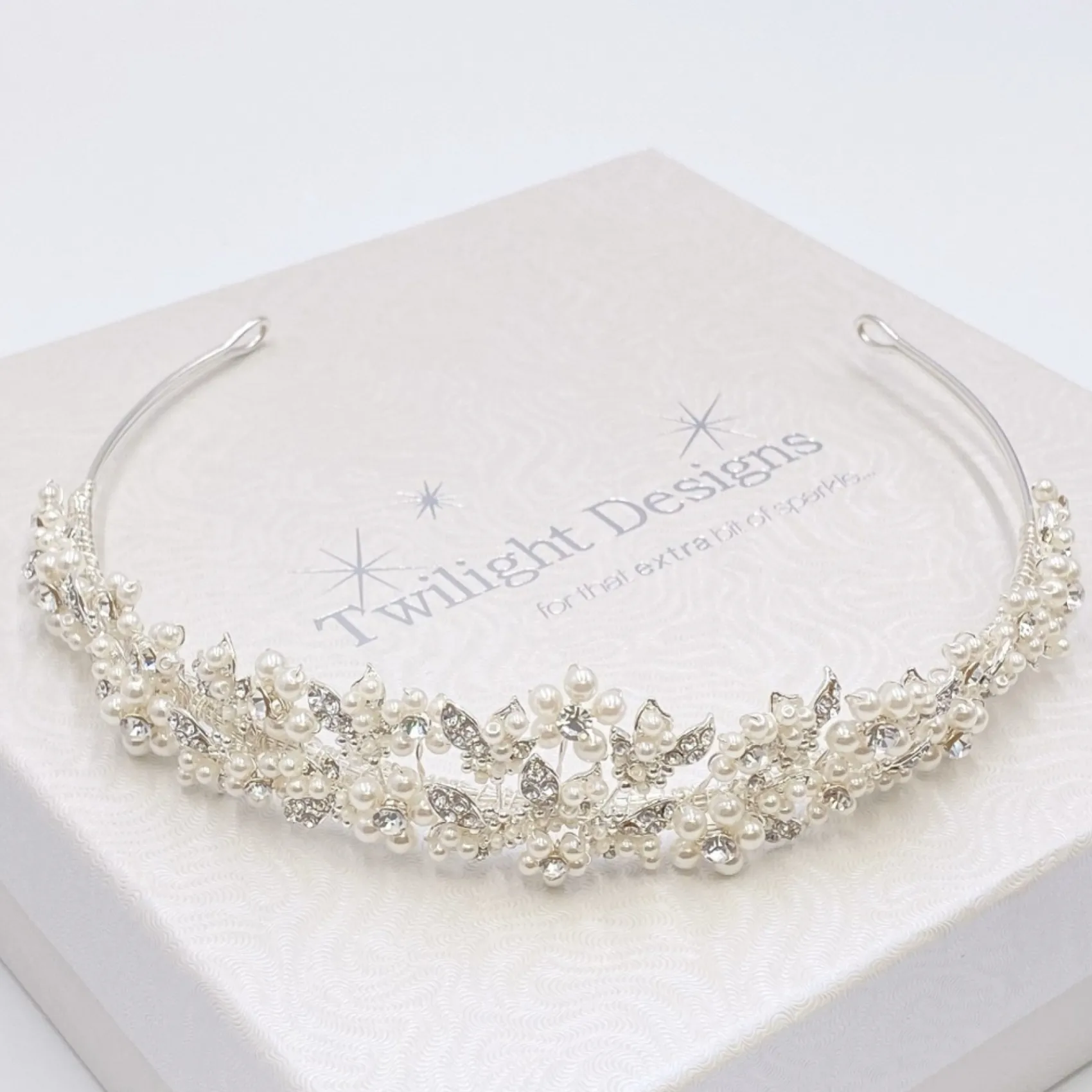 Twilight Designs Pearl Hair Accessories | Silver Hair Accessories*Alicia Dainty Floral Pearl and Crystal Bridal Tiara Ivory/ Silver