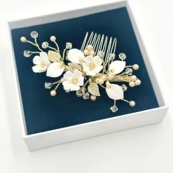 Beads & Beyond Crystal Hair Accessories | Pearl Hair Accessories*Almeida Gold Floral Mini Hair Comb Ivory/ Gold