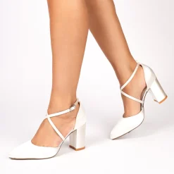Paradox London Wedding Shoes | Mid Heel*Alysha Dyeable Satin Cross Strap Block Heel Court Shoes Ivory