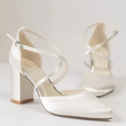 Paradox London Wedding Shoes | Mid Heel*Alysha Dyeable Satin Cross Strap Block Heel Court Shoes Ivory