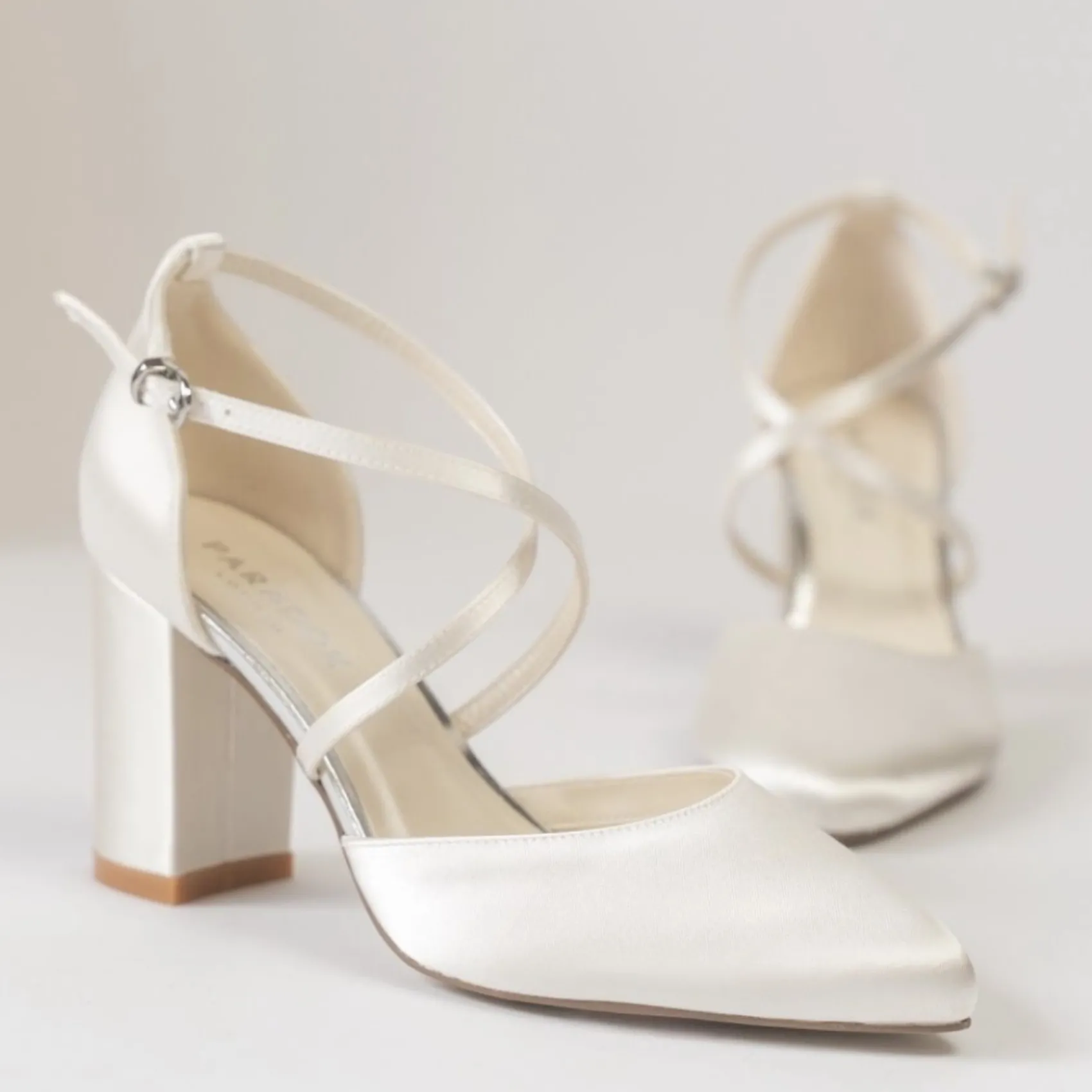 Paradox London Wedding Shoes | Mid Heel*Alysha Dyeable Satin Cross Strap Block Heel Court Shoes Ivory