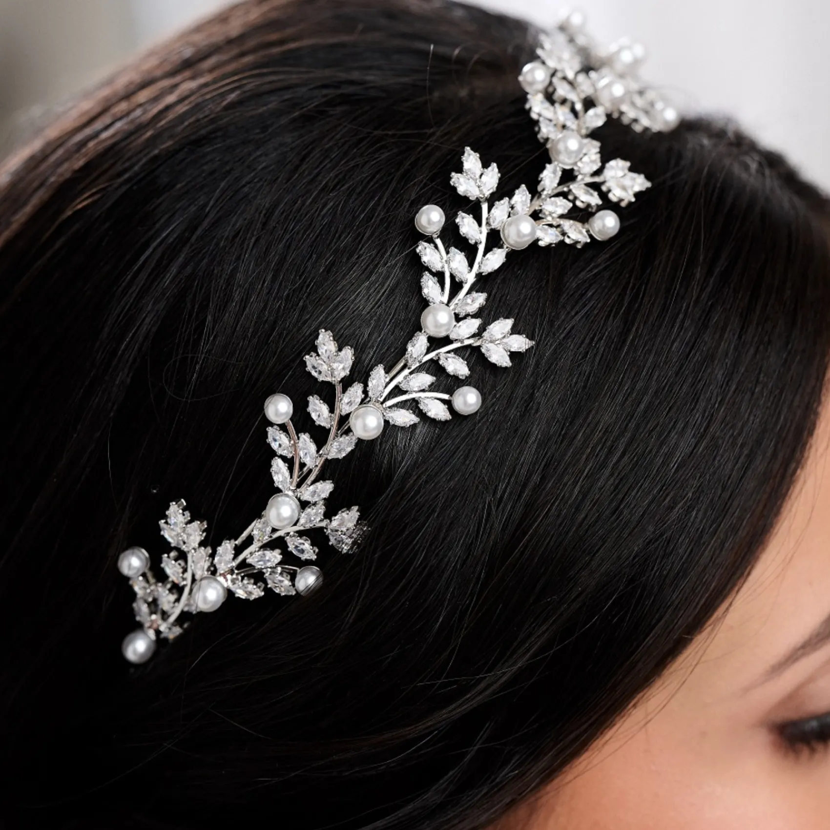 Lace & Favour Pearl Hair Accessories | Silver Hair Accessories*Amalfi Crystal Leaves and Pearl Wedding Headband Ivory/ Silver