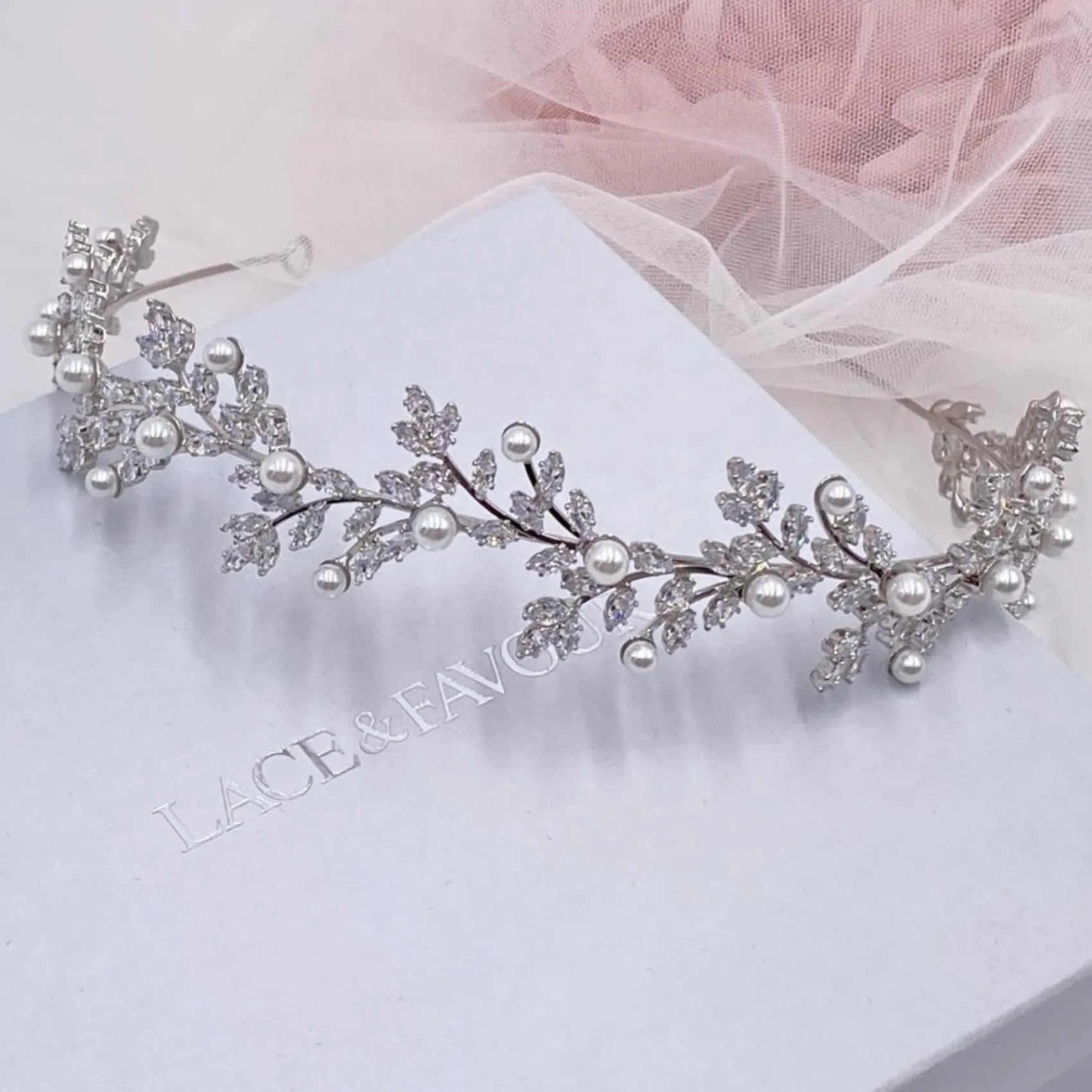Lace & Favour Pearl Hair Accessories | Silver Hair Accessories*Amalfi Crystal Leaves and Pearl Wedding Headband Ivory/ Silver