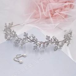 Lace & Favour Pearl Hair Accessories | Silver Hair Accessories*Amalfi Crystal Leaves and Pearl Wedding Headband Ivory/ Silver
