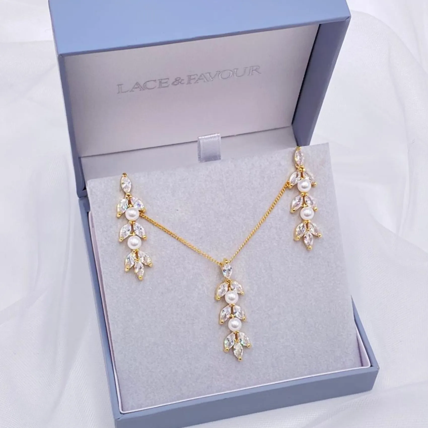 Lace & Favour Bride Gifts | Pearl Jewellery*Amalia Gold Cubic Zirconia and Pearl Bridal Jewellery Set