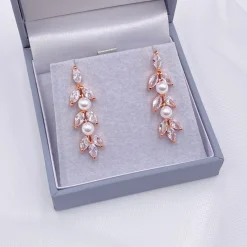 Lace & Favour Bridesmaid Gifts | Bride Gifts*Amalia Rose Gold Cubic Zirconia and Pearl Drop Earrings Ivory/ Rose Gold