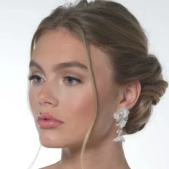 Poirier Pearl Jewellery | Gold Wedding Jewellery*Amaryllis Blush Pearls Floral Drop Earrings Ivory/ Blush/ Gold