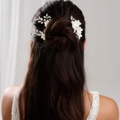 Lace & Favour Pearl Hair Accessories | Gold Hair Accessories*Amelie Ivory Ceramic Flower Gold Comb and Hair Pin Set Ivory/ Gold