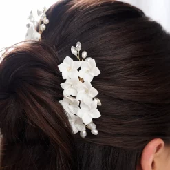 Lace & Favour Pearl Hair Accessories | Gold Hair Accessories*Amelie Ivory Ceramic Flower Gold Comb and Hair Pin Set Ivory/ Gold