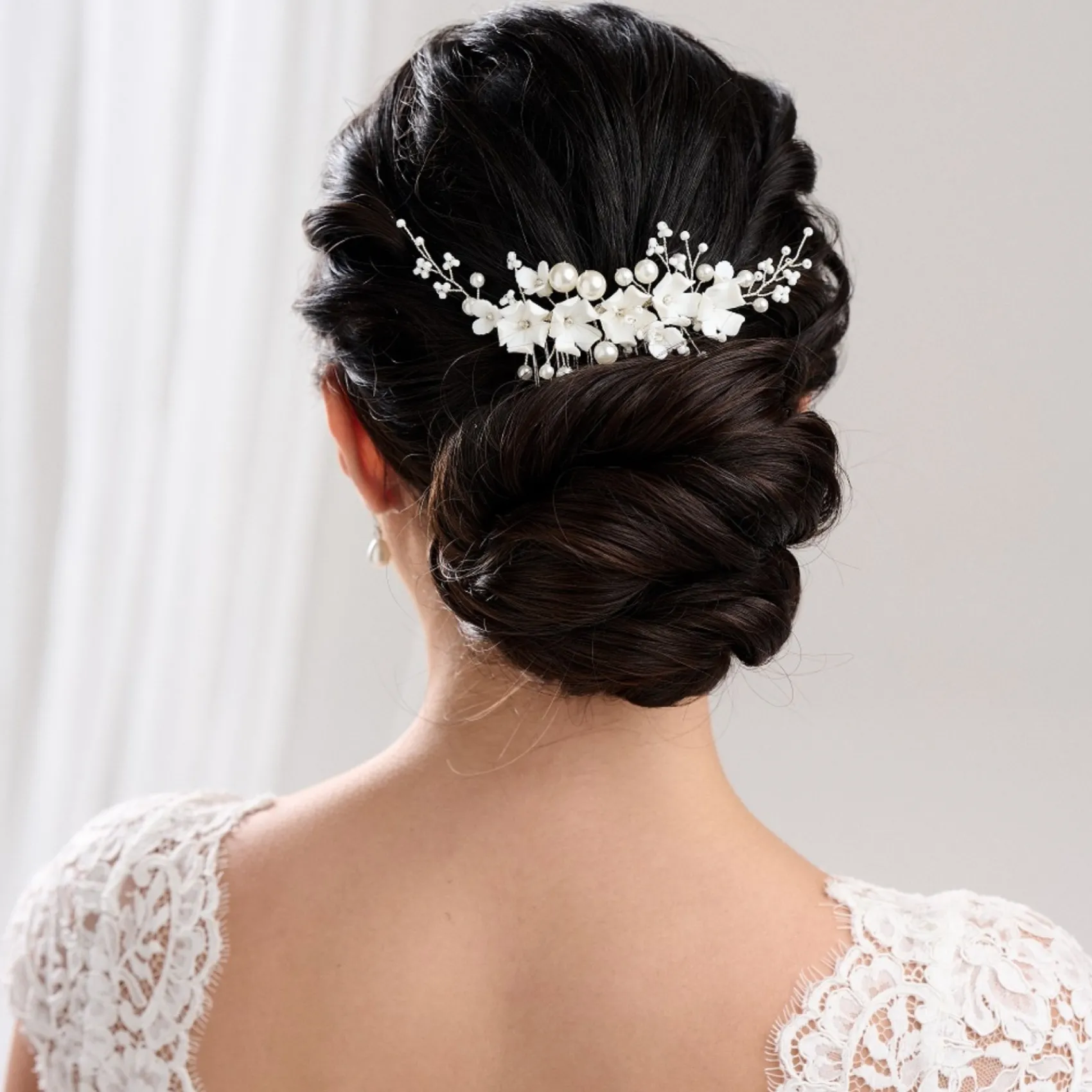 Lace & Favour Pearl Hair Accessories | Silver Hair Accessories*Anemone Ivory Porcelain Flowers and Pearl Wedding Hair Comb Ivory/ Silver