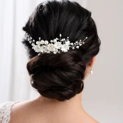 Lace & Favour Pearl Hair Accessories | Silver Hair Accessories*Anemone Ivory Porcelain Flowers and Pearl Wedding Hair Comb Ivory/ Silver