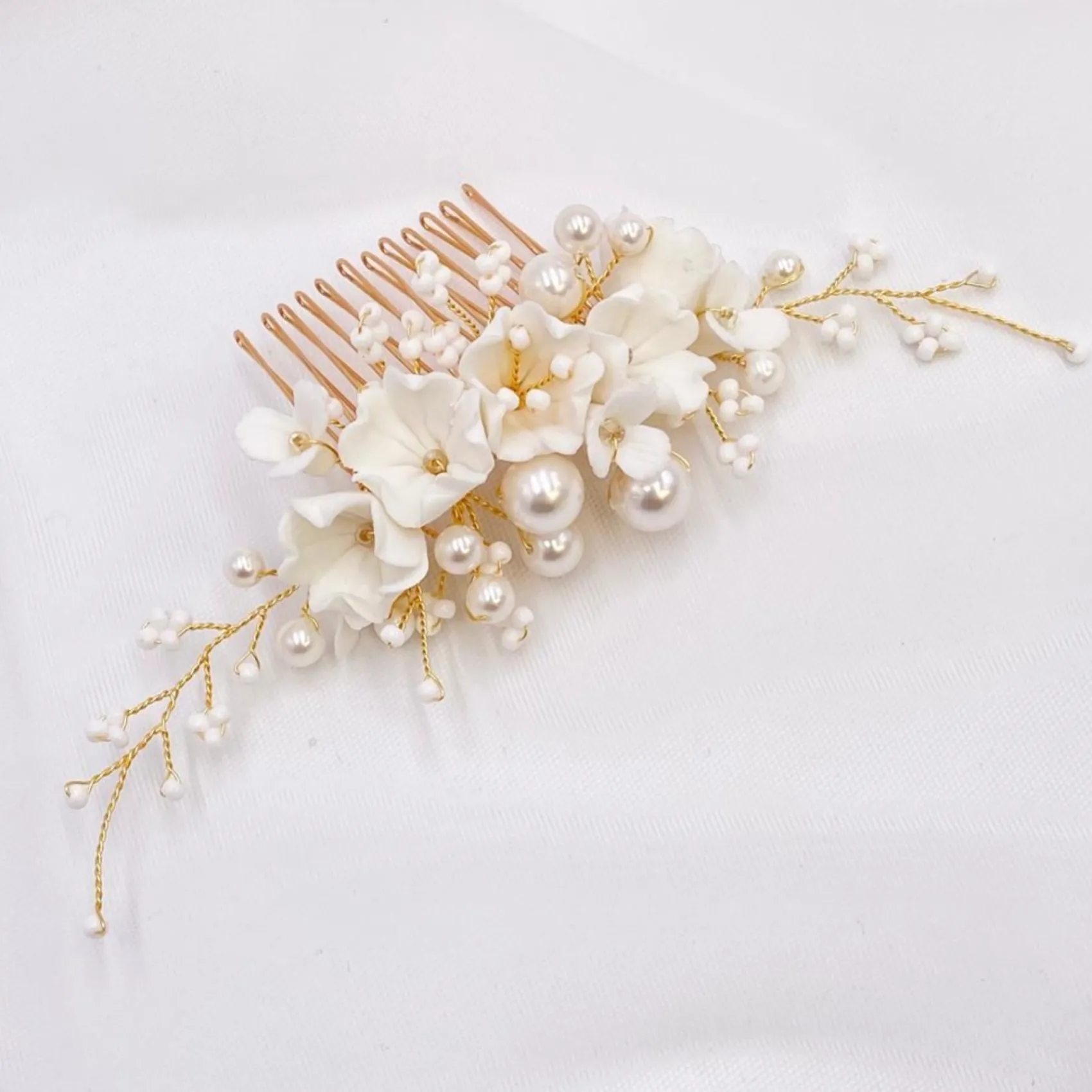 Lace & Favour Pearl Hair Accessories | Gold Hair Accessories*Anemone Ivory Porcelain Flowers and Pearl Wedding Hair Comb (Gold) Ivory/ Gold