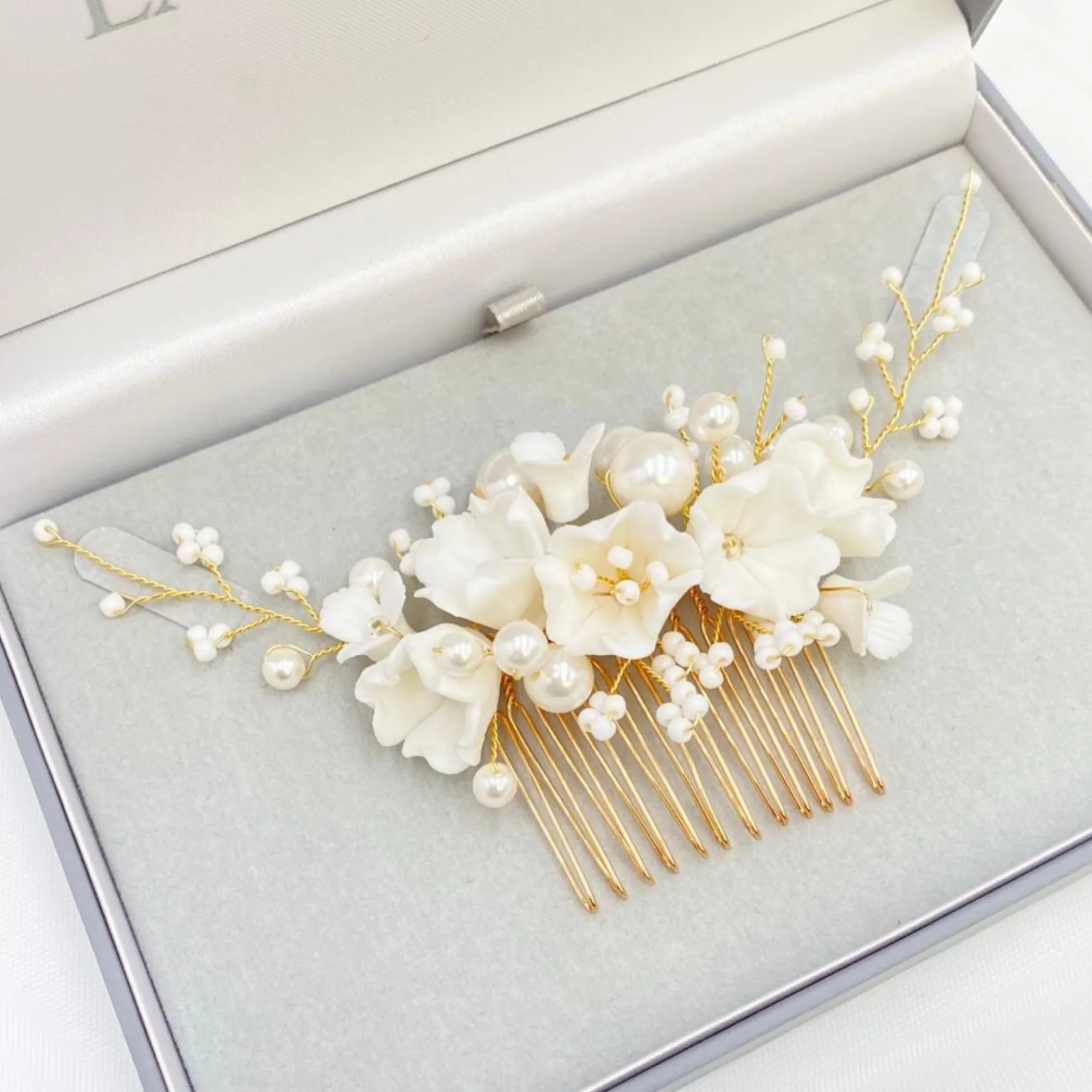 Lace & Favour Pearl Hair Accessories | Gold Hair Accessories*Anemone Ivory Porcelain Flowers and Pearl Wedding Hair Comb (Gold) Ivory/ Gold