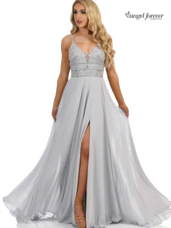 Angel Forever Angel Forever Prom Dresses*Beaded Lace A Line Chiffon Prom Dress with Slit Silver