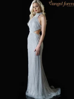 Angel Forever Angel Forever Prom Dresses*Diamante High Neck Prom Dress with Cut Outs Silver