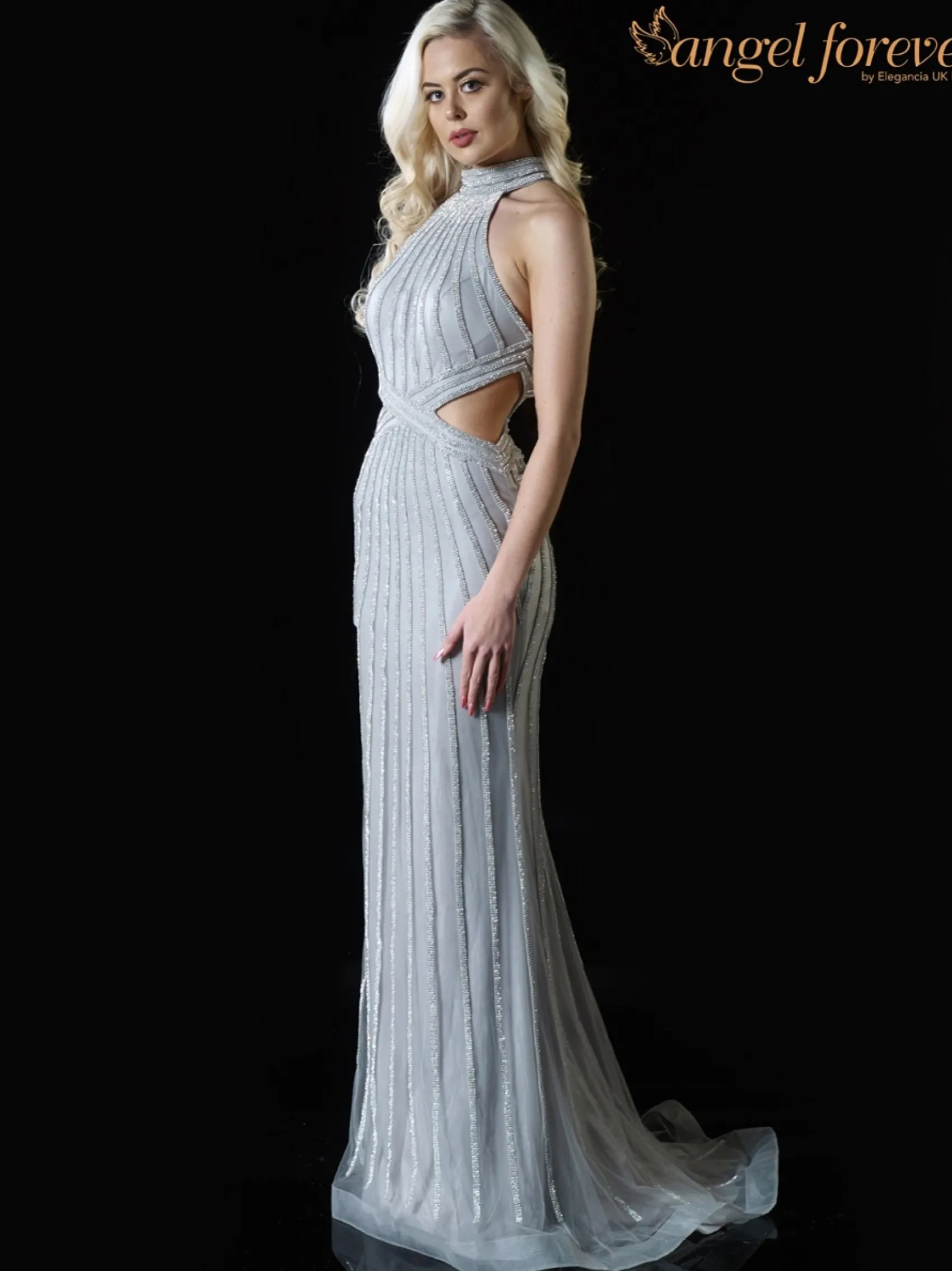 Angel Forever Angel Forever Prom Dresses*Diamante High Neck Prom Dress with Cut Outs Silver