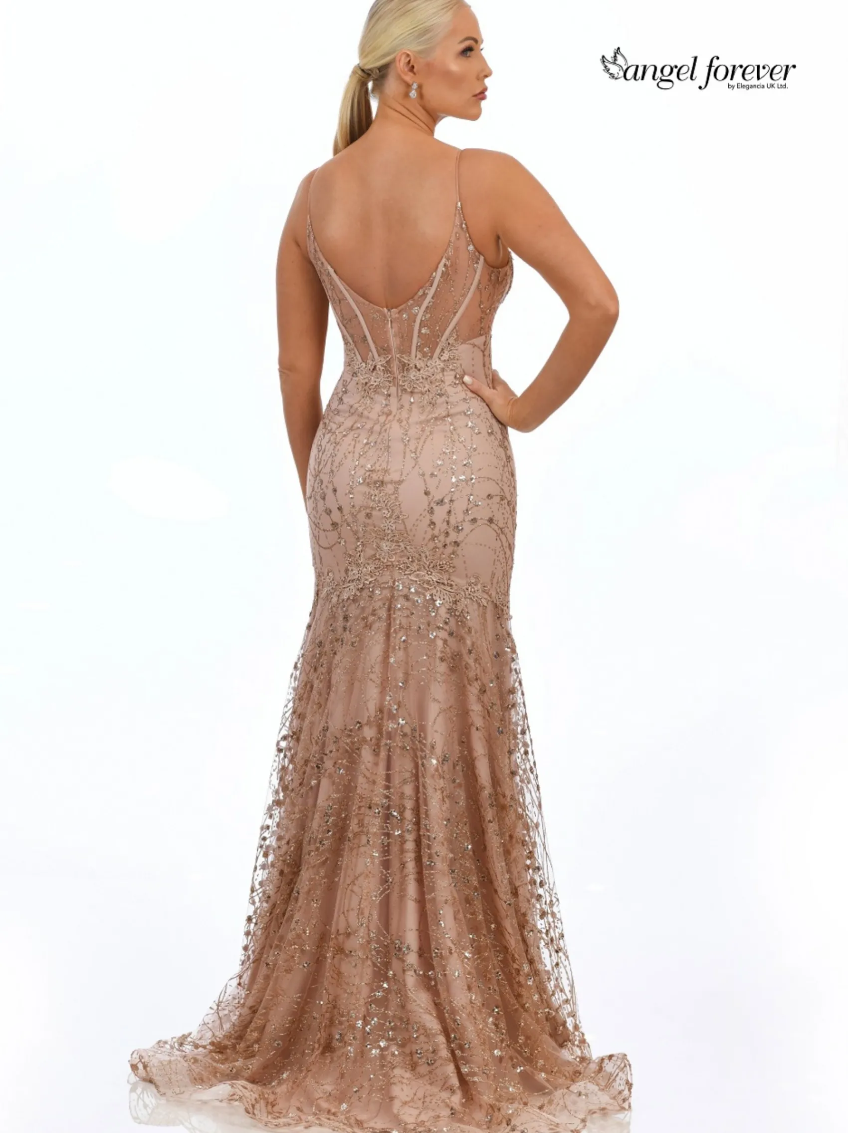 Angel Forever Angel Forever Prom Dresses | Pink Prom Dresses*Glitter Lace Fitted Corset Prom Dress Rose Gold