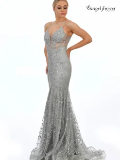 Angel Forever Angel Forever Prom Dresses*Glitter Lace Fitted Corset Prom Dress Silver