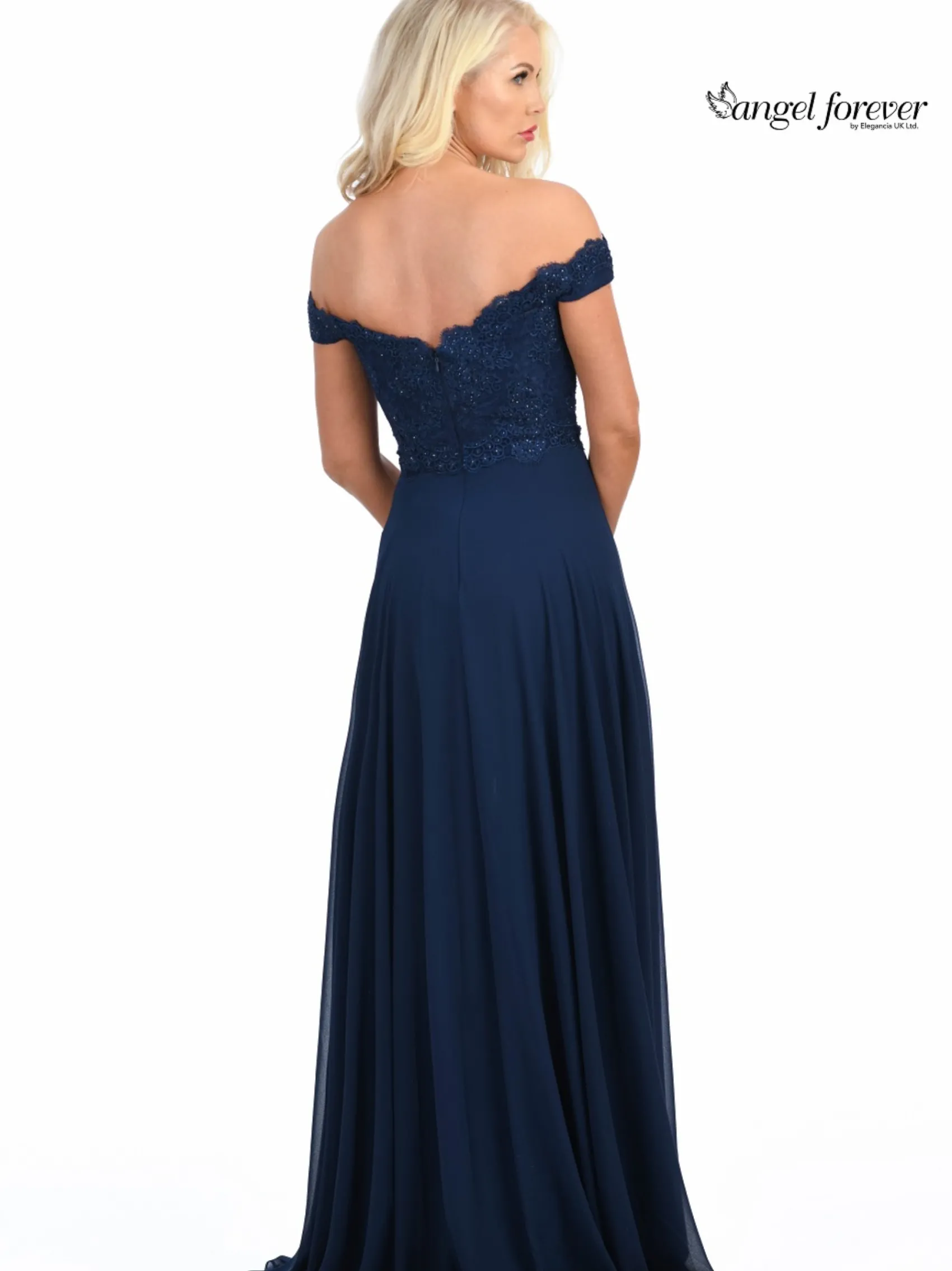 Angel Forever Angel Forever Prom Dresses | Navy Prom Dresses*Off The Shoulder Chiffon Prom Dress with Lace Bodice Navy