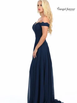 Angel Forever Angel Forever Prom Dresses | Navy Prom Dresses*Off The Shoulder Chiffon Prom Dress with Lace Bodice Navy