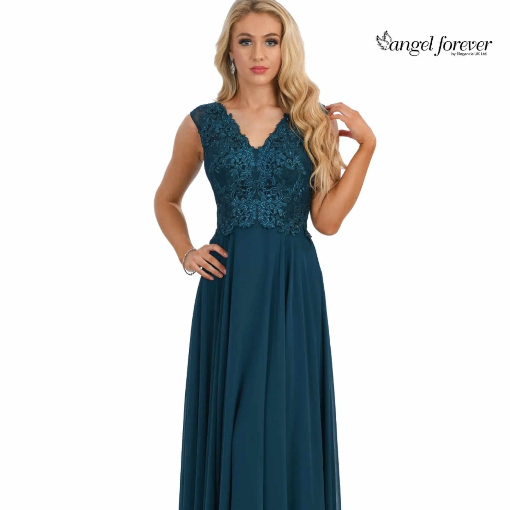 Angel Forever Angel Forever Prom Dresses | Teal Prom Dresses*V Neck A Line Chiffon Prom Dress with Lace Bodice Teal