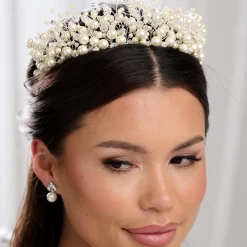 Arianna Pearl Hair Accessories | Silver Hair Accessories*Mira Statement Pearl and Crystal Tiara AR613 Ivory Pearls/ Clear Crystals/ Silver Wire