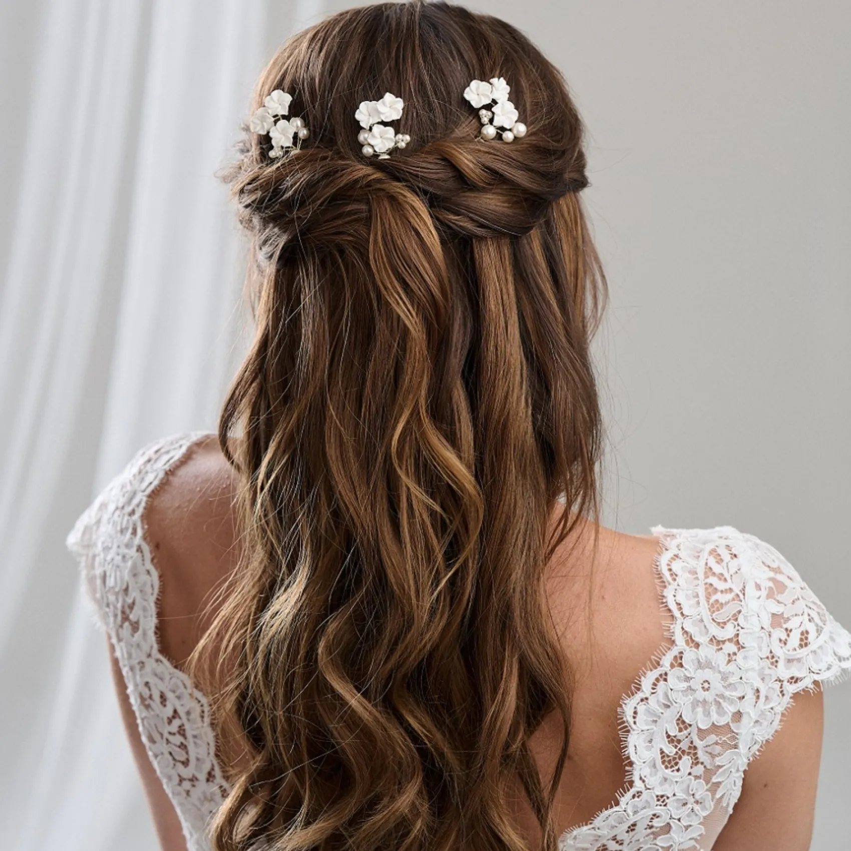 Arianna Bridesmaid Gifts | Bride Gifts*Set of 3 Porcelain Flower and Pearl Hair Pins ARP719