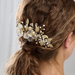 Arianna Pearl Hair Accessories | Gold Hair Accessories*Statement Flowers and Leaves Hair Comb AR787