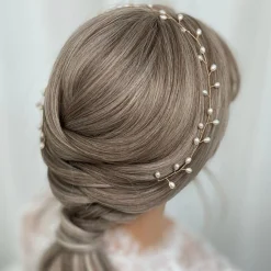 Lace & Favour Pearl Hair Accessories | Gold Hair Accessories*Aruba Long Delicate Pearl Wedding Hair Vine (Gold) Ivory/ Gold