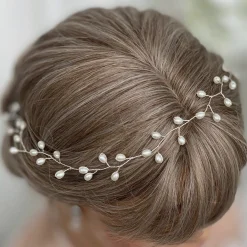 Lace & Favour Pearl Hair Accessories | Silver Hair Accessories*Aruba Long Delicate Pearl Wedding Hair Vine (Silver) Ivory/ Silver