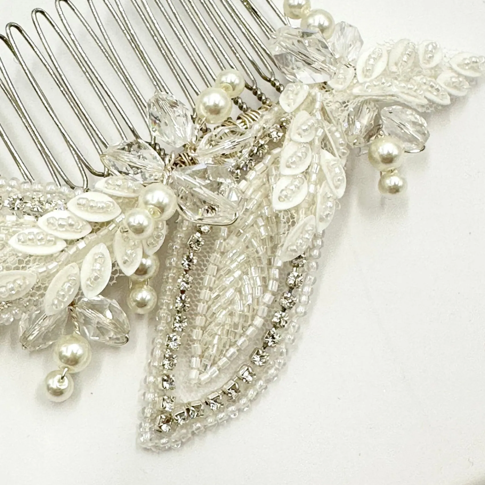 Beads & Beyond Vintage Headpieces | Crystal Hair Accessories*Astoria Vintage Inspired Beaded Leaves Asymmetric Comb Ivory/ Silver