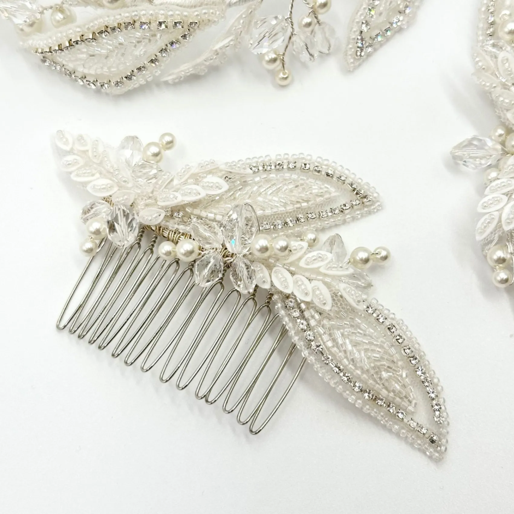 Beads & Beyond Vintage Headpieces | Crystal Hair Accessories*Astoria Vintage Inspired Beaded Leaves Asymmetric Comb Ivory/ Silver
