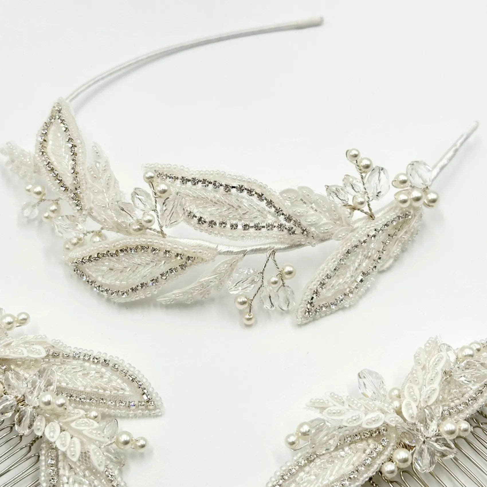 Beads & Beyond Vintage Headpieces | Crystal Hair Accessories*Astoria Vintage Inspired Beaded Leaves Side Headband Ivory/ Silver