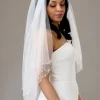 Twilight Designs Two Tier Veils | Fingertip Veils*Atlanta Two Tier Beaded Scalloped Edge Veil with Crystal Drops