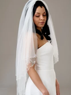 Twilight Designs Two Tier Veils | Fingertip Veils*Atlanta Two Tier Beaded Scalloped Edge Veil with Crystal Drops
