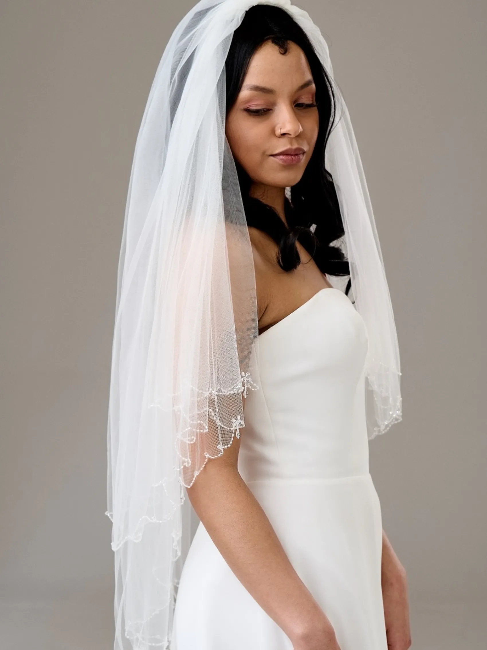 Twilight Designs Two Tier Veils | Fingertip Veils*Atlanta Two Tier Beaded Scalloped Edge Veil with Crystal Drops