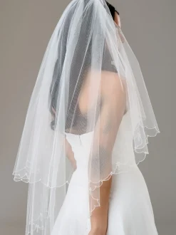 Twilight Designs Two Tier Veils | Fingertip Veils*Atlanta Two Tier Beaded Scalloped Edge Veil with Crystal Drops