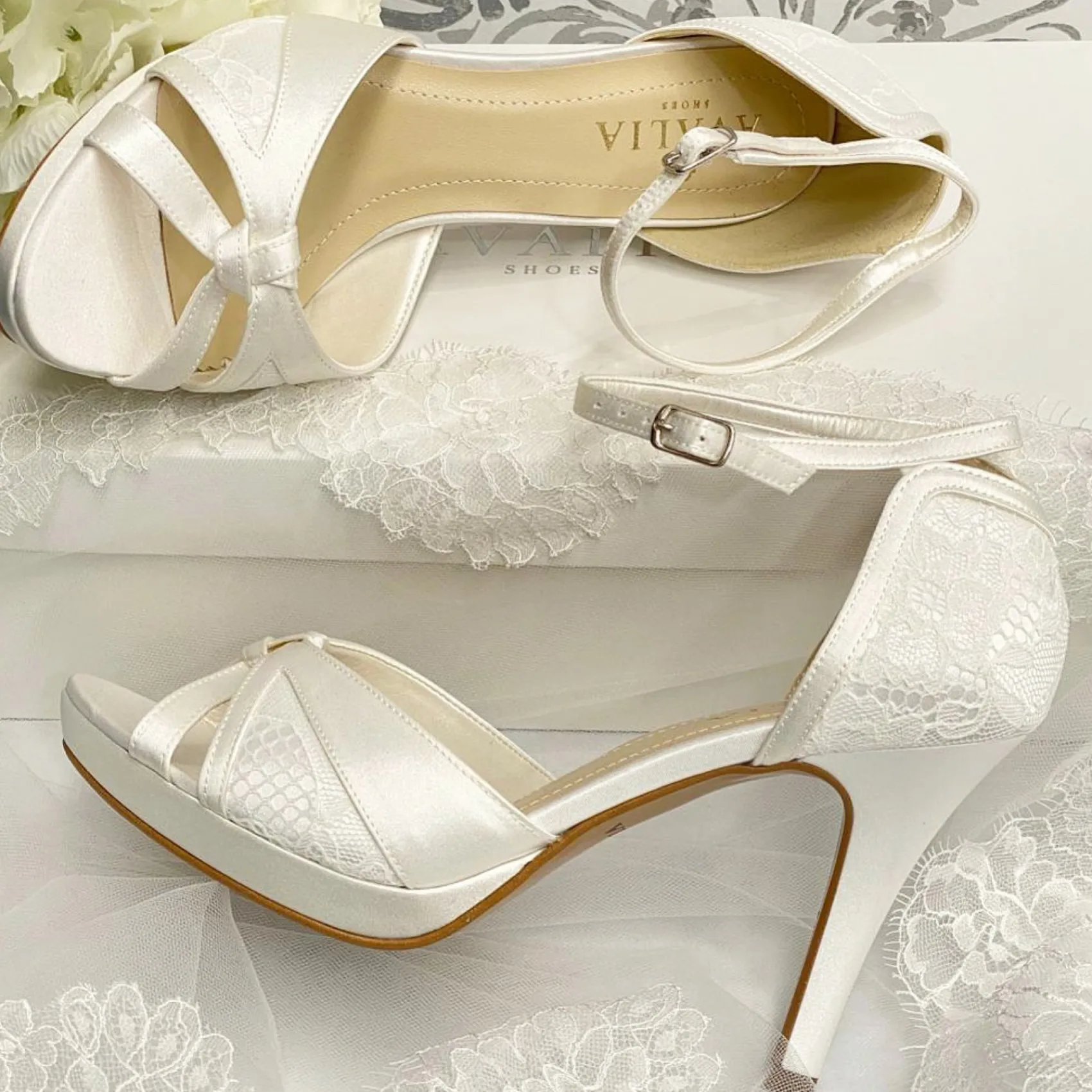 Avalia Shoes Wedding Shoes | High Heel*Avalia Alba Satin and Lace Peep Toe Platform Sandals Ivory