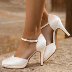 Avalia Shoes Wedding Shoes | High Heel*Avalia Dona Satin Ankle Strap Platform Court Shoes Ivory