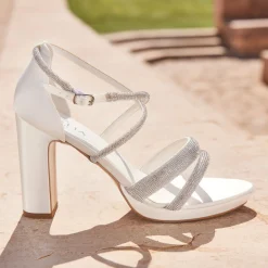 Avalia Shoes Sparkly Prom Shoes | White Prom Shoes*Avalia Flavia Satin Strappy Diamante Platform Sandals Ivory