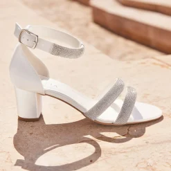 Avalia Shoes Sparkly Prom Shoes | White Prom Shoes*Avalia Kaja Satin Strappy Diamante Low Block Heel Sandals Ivory