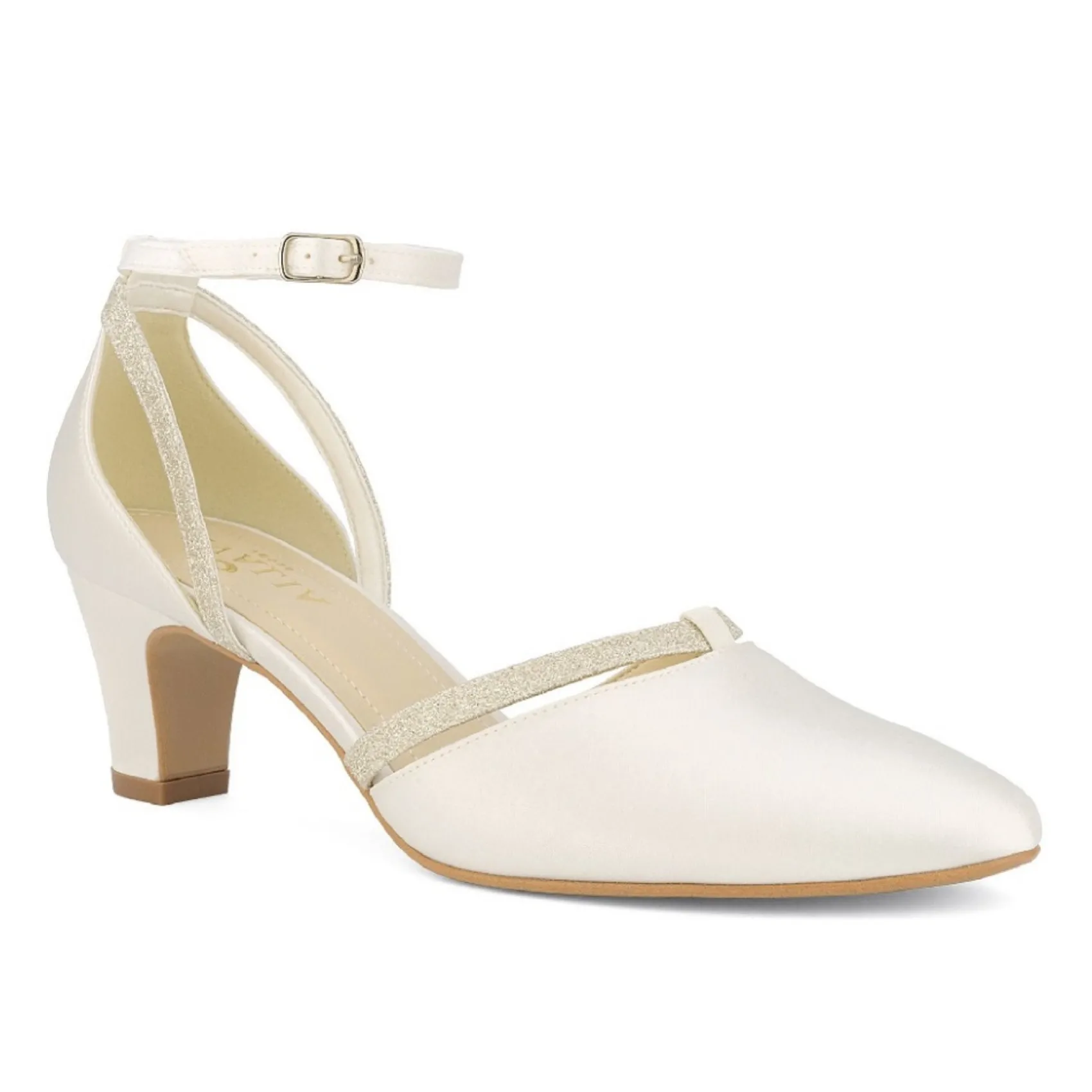 Avalia Shoes Wedding Shoes | Low Heel*Avalia Luna Satin and Silver Glitter Ankle Strap Court Shoes Ivory