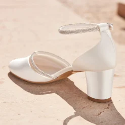 Avalia Shoes Sparkly Prom Shoes | Silver Prom Shoes*Avalia Nel Satin and Diamante Ankle Strap Mid Block Heels Ivory