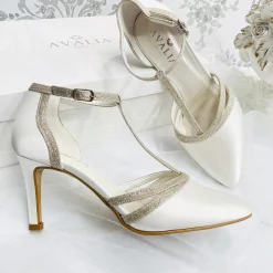 Avalia Shoes Wedding Shoes | High Heel*Avalia Wilma Ivory Satin and Silver Glitter T-Bar Shoes Ivory/ Silver